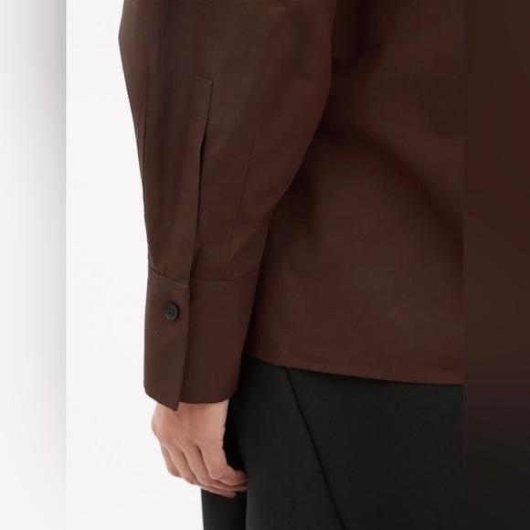 Jill Sander Tie-neck Organic-cotton Poplin Brown Blouse Long Sleeve V Neck - Picture 3 of 8